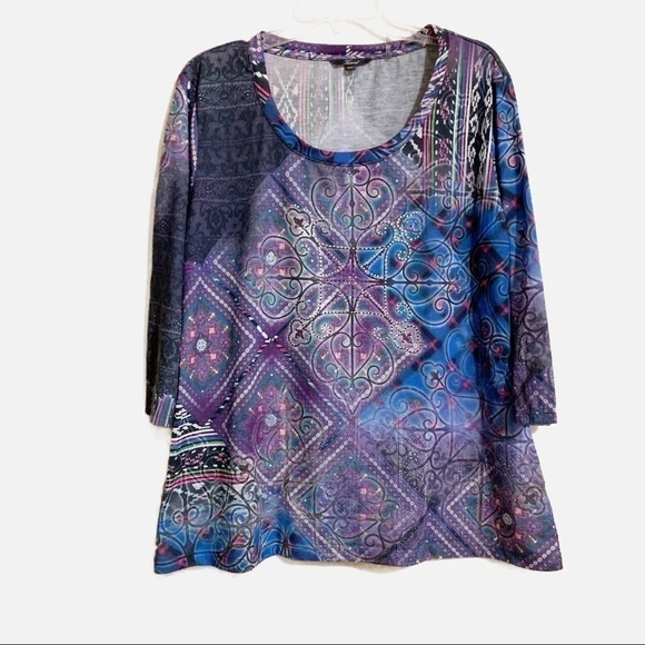 Kiara Stretchy Top Tunic Scarf Multi Color Print Embellished Rhinestones. XXL - Picture 1 of 7